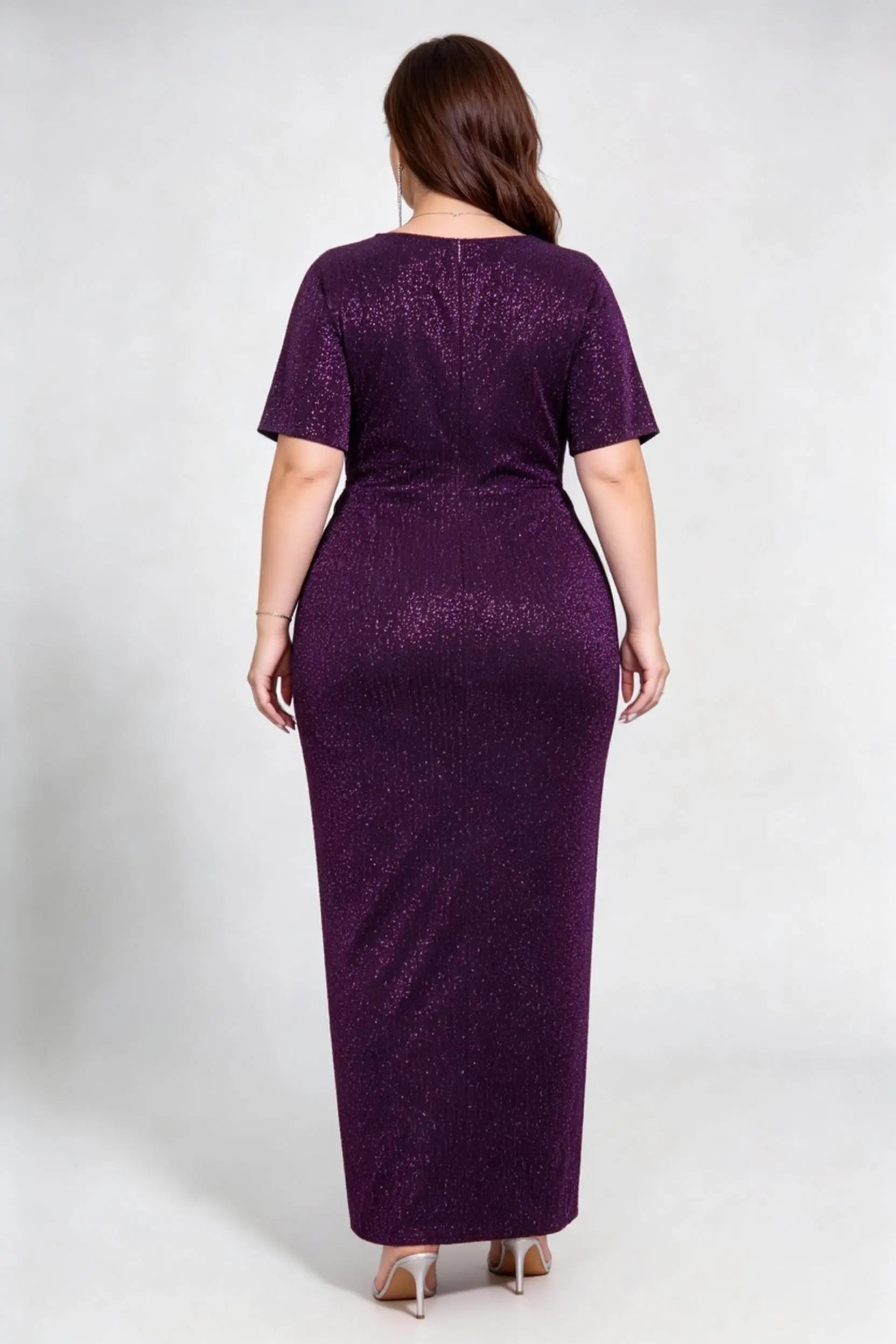 Plus Size Purple Glitter Wrap V-Neck Evening Gown with Rhinestone Waist Belt
