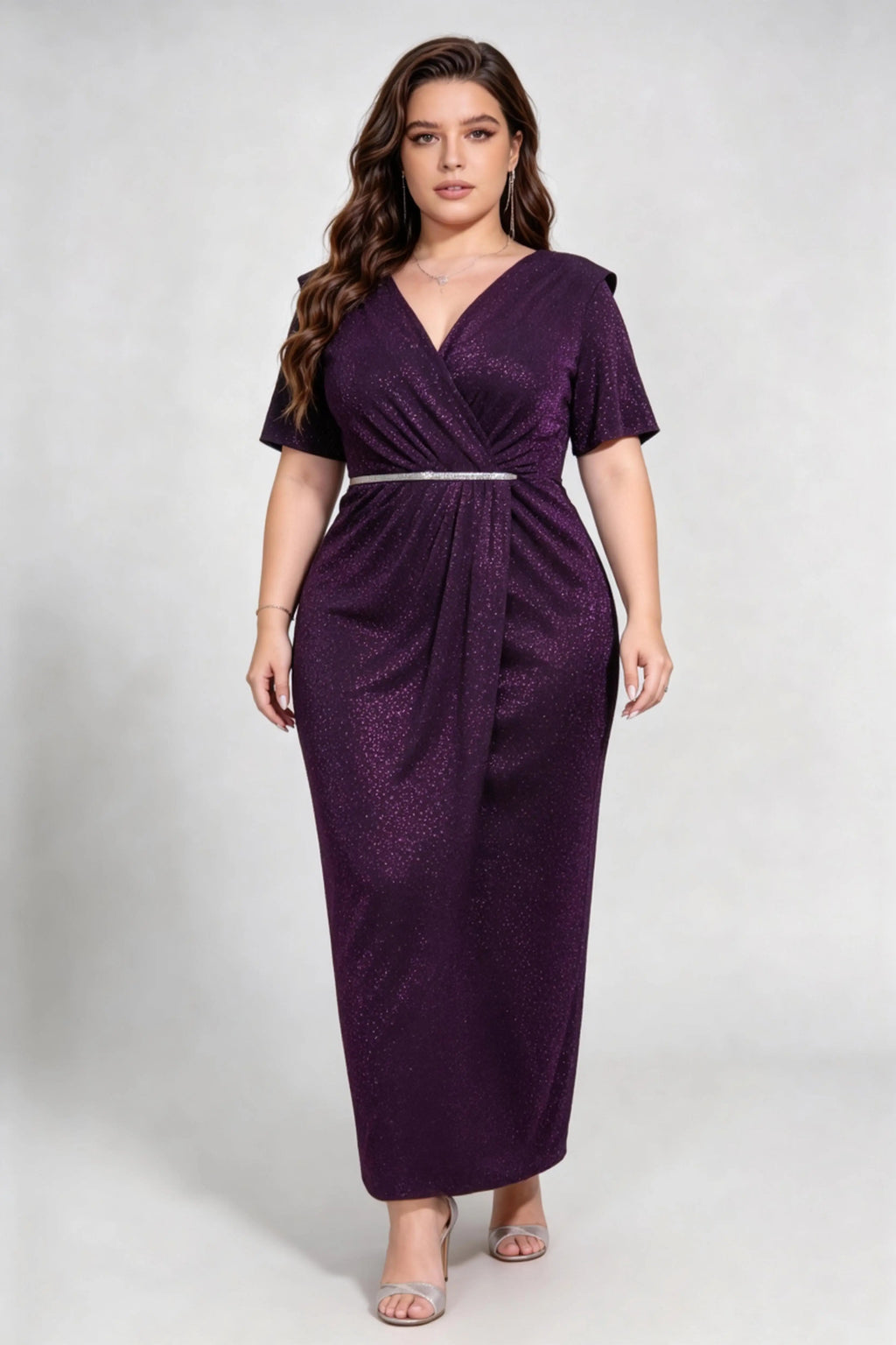 Plus Size Purple Glitter Wrap V-Neck Evening Gown with Rhinestone Waist Belt