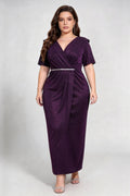 Plus Size Purple Glitter Wrap V-Neck Evening Gown with Rhinestone Waist Belt