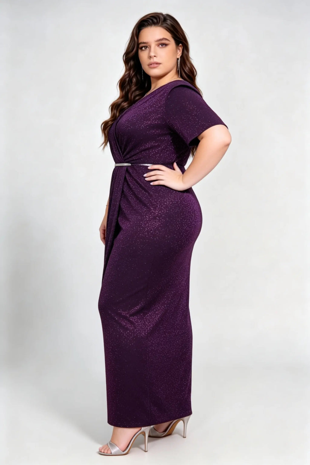 Plus Size Purple Glitter Wrap V-Neck Evening Gown with Rhinestone Waist Belt