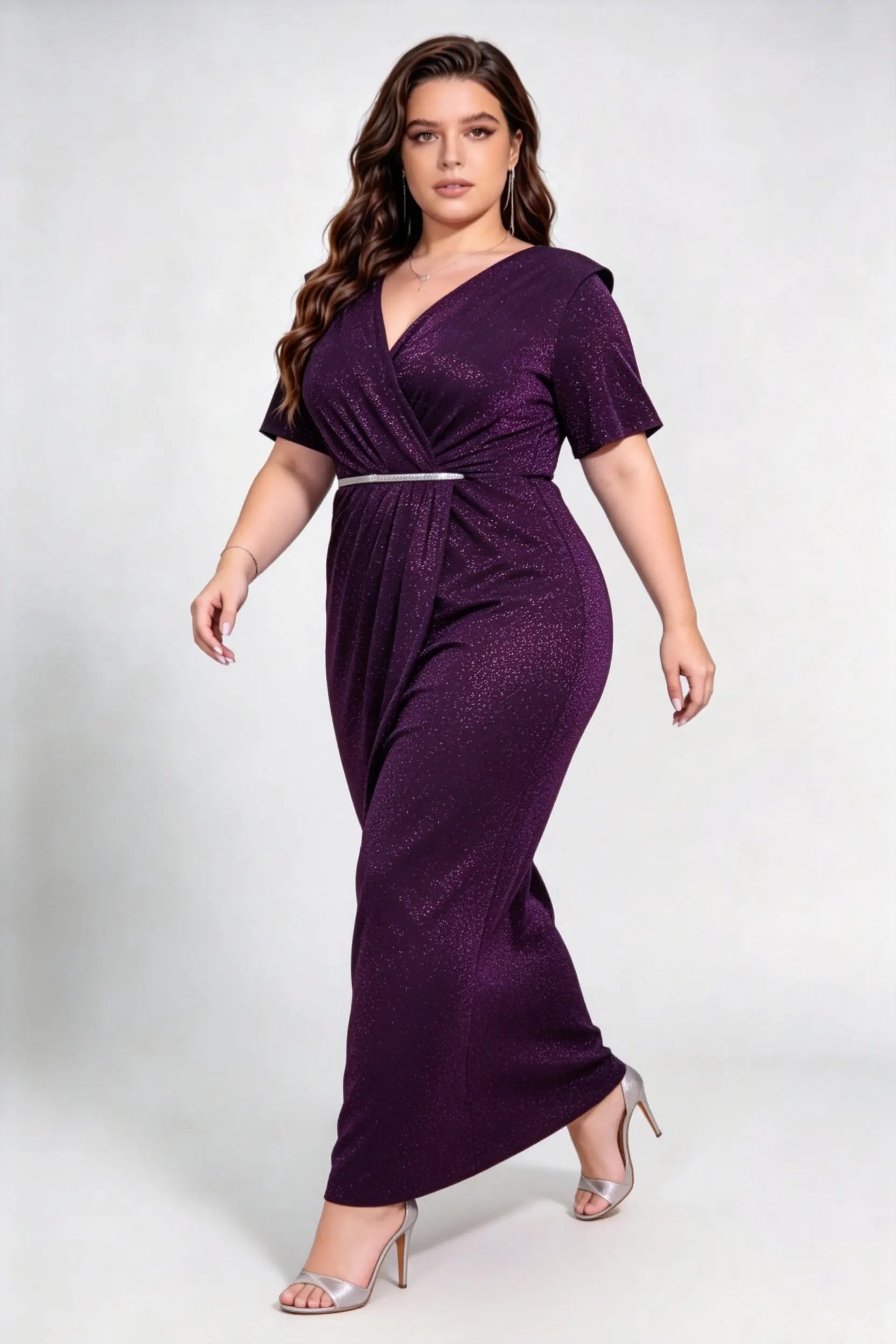 Plus Size Purple Glitter Wrap V-Neck Evening Gown with Rhinestone Waist Belt