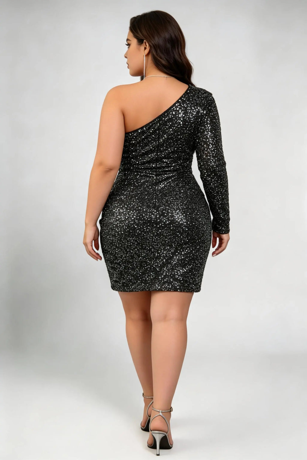 Plus Size Black Sequin One-Shoulder Long Sleeve Mini Bodycon Cocktail Dress
