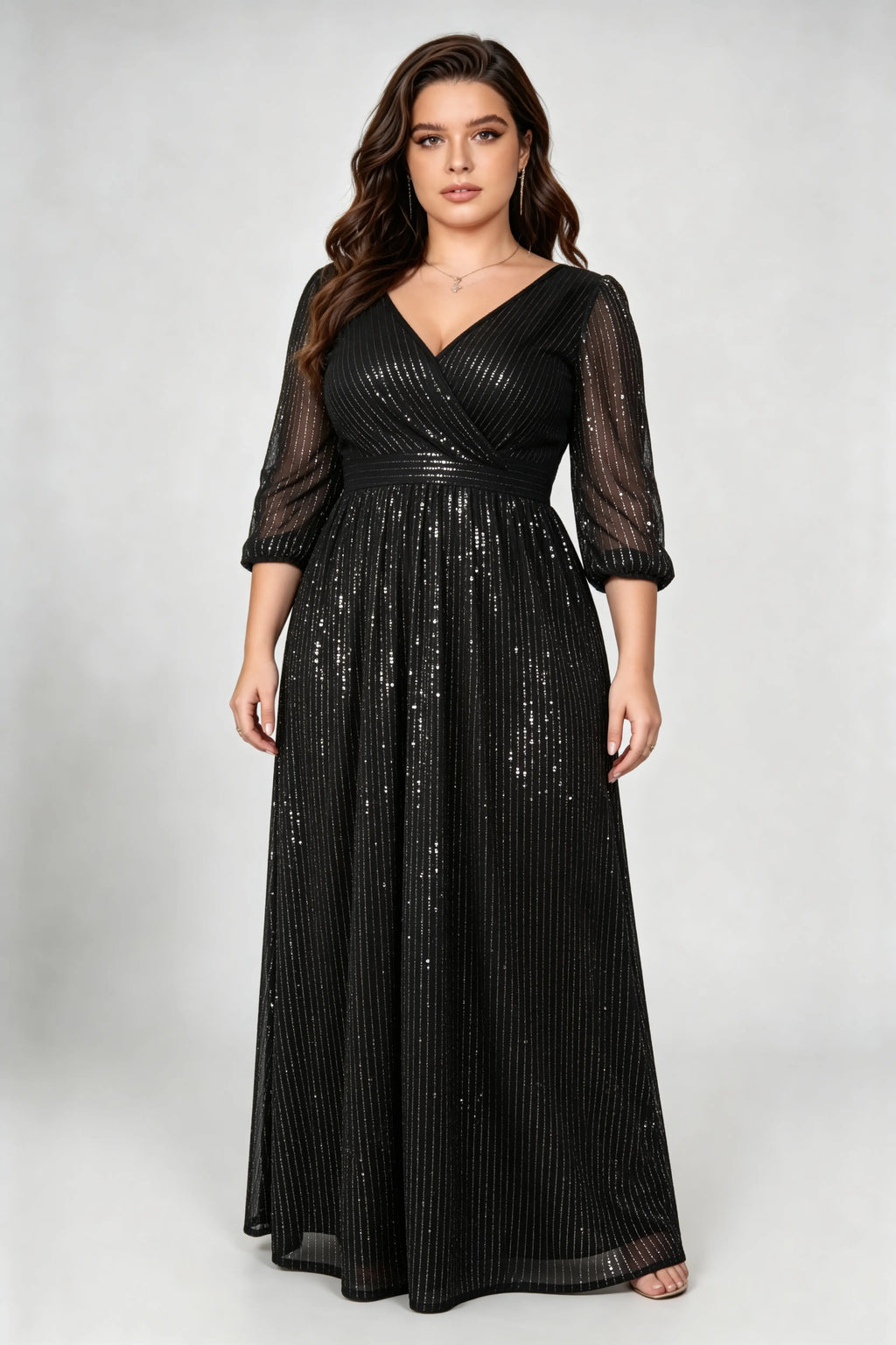 Plus Size Black Mesh Sequin Wrap V-Neck A-Line Evening Gown with 3/4 Sleeves