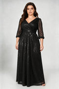 Plus Size Black Mesh Sequin Wrap V-Neck A-Line Evening Gown with 3/4 Sleeves