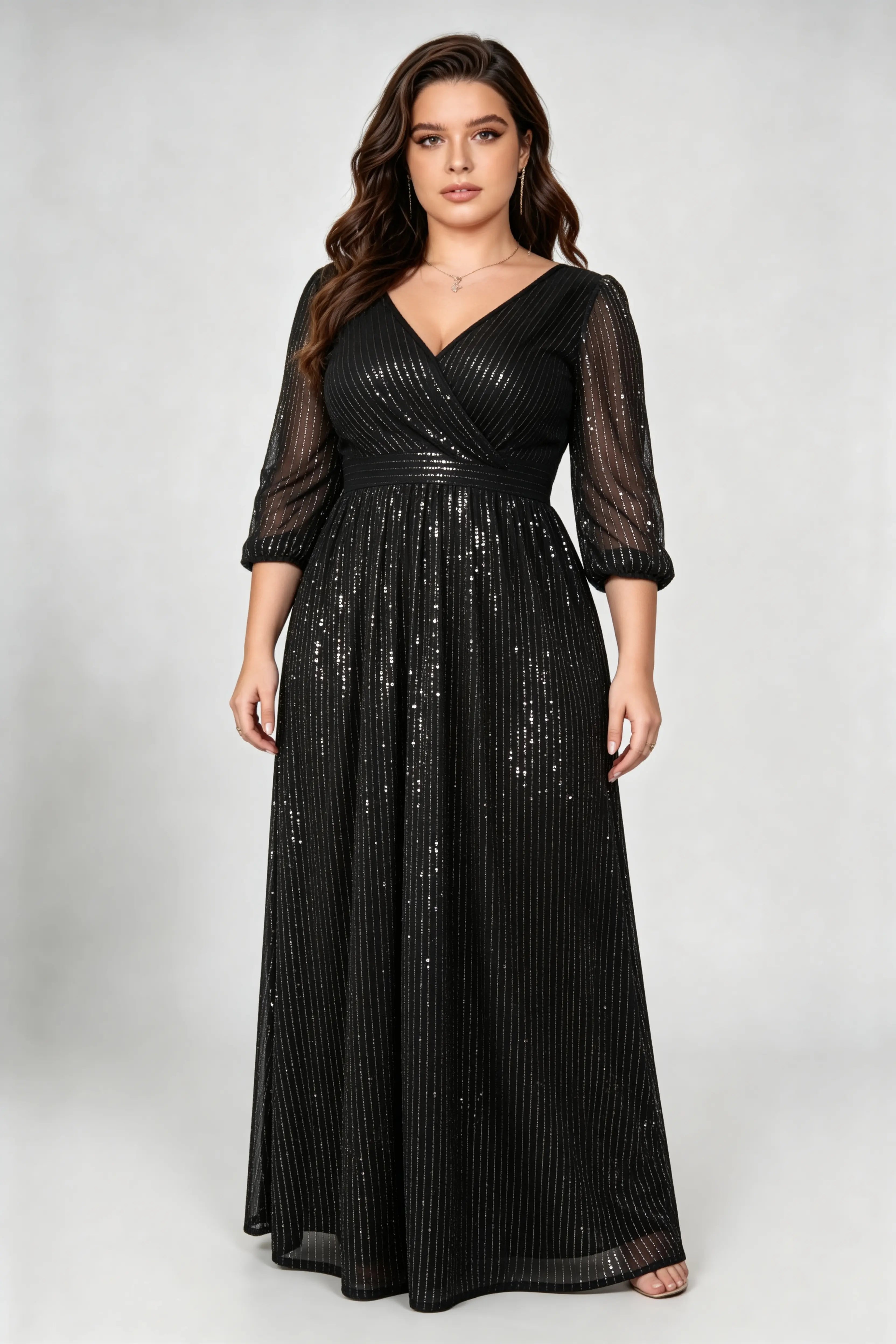 Plus Size Black Mesh Sequin Wrap V-Neck A-Line Evening Gown with 3/4 Sleeves