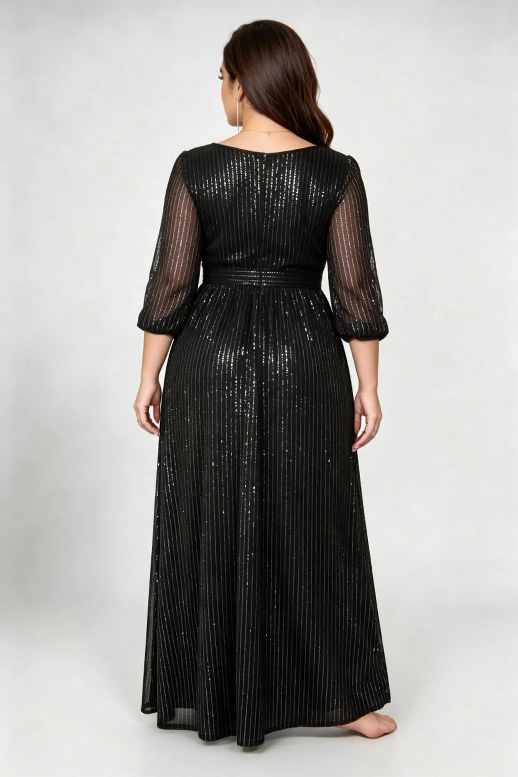 Plus Size Black Mesh Sequin Wrap V-Neck A-Line Evening Gown with 3/4 Sleeves