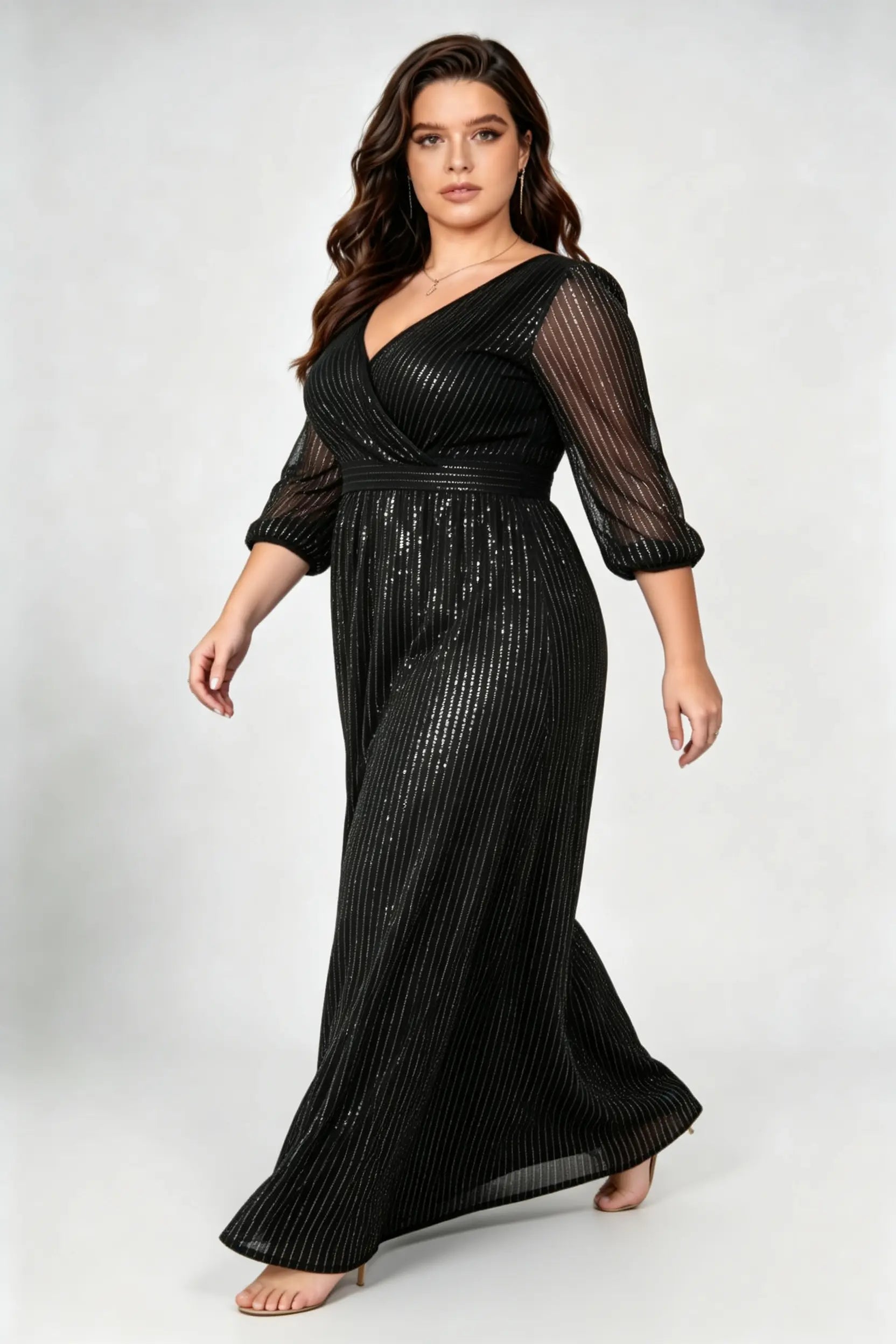 Plus Size Black Mesh Sequin Wrap V-Neck A-Line Evening Gown with 3/4 Sleeves
