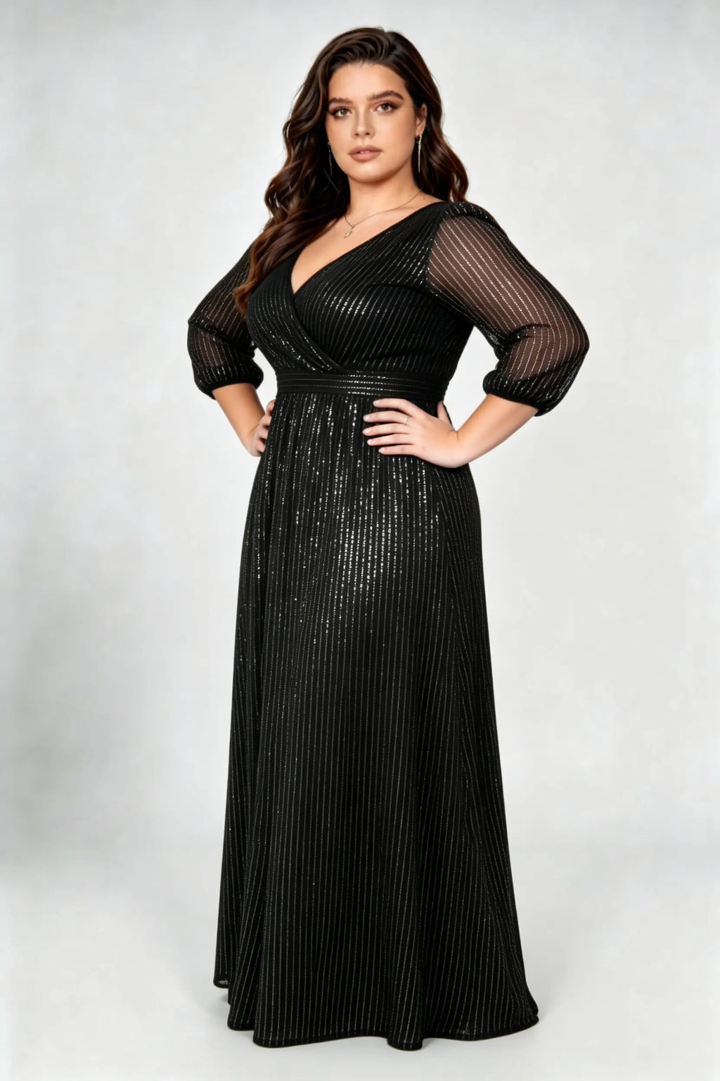 Plus Size Black Mesh Sequin Wrap V-Neck A-Line Evening Gown with 3/4 Sleeves