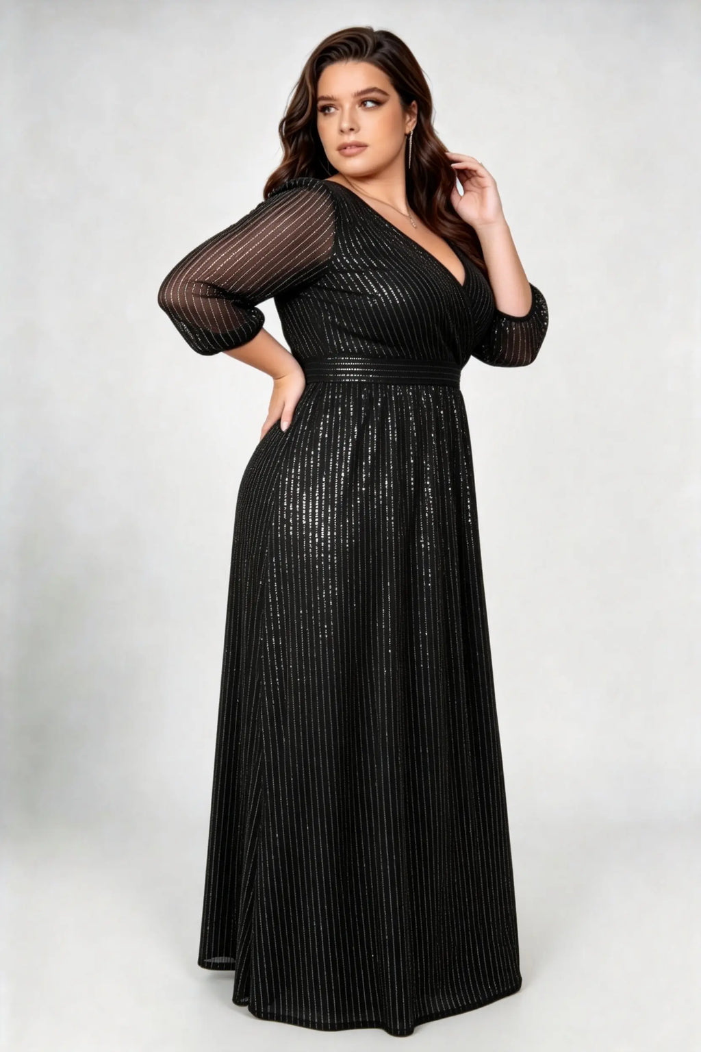 Plus Size Black Mesh Sequin Wrap V-Neck A-Line Evening Gown with 3/4 Sleeves