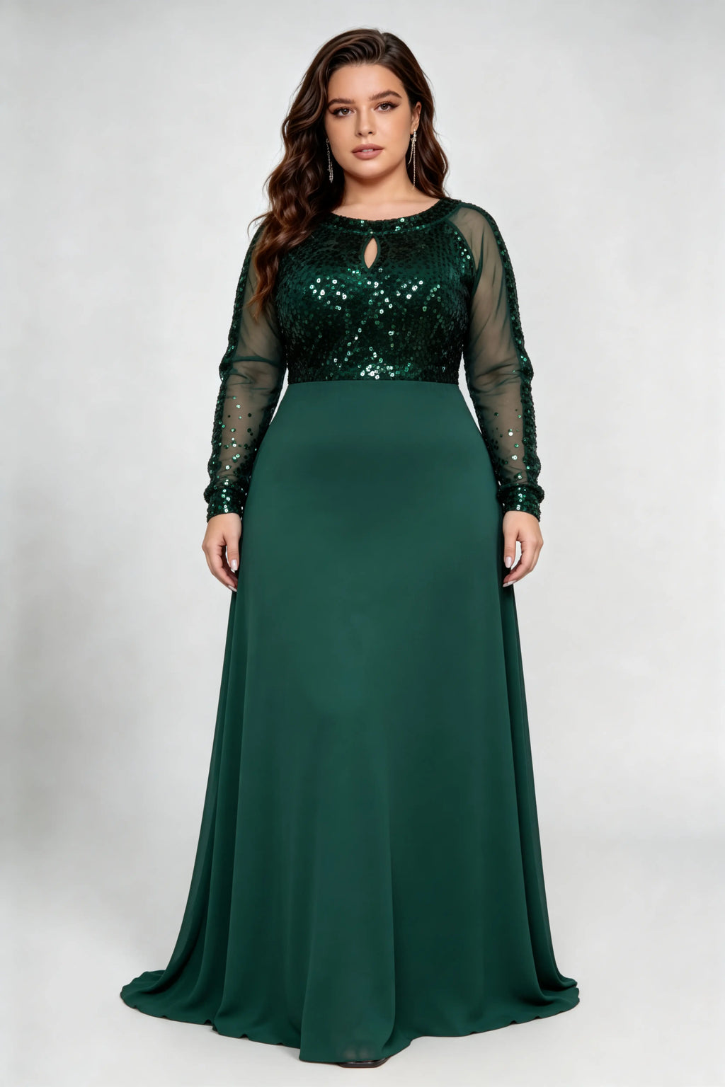 Plus Size Dark Green Sequin Mesh Sleeve A-Line Evening Gown with Keyhole Neck