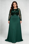 Plus Size Dark Green Sequin Mesh Sleeve A-Line Evening Gown with Keyhole Neck