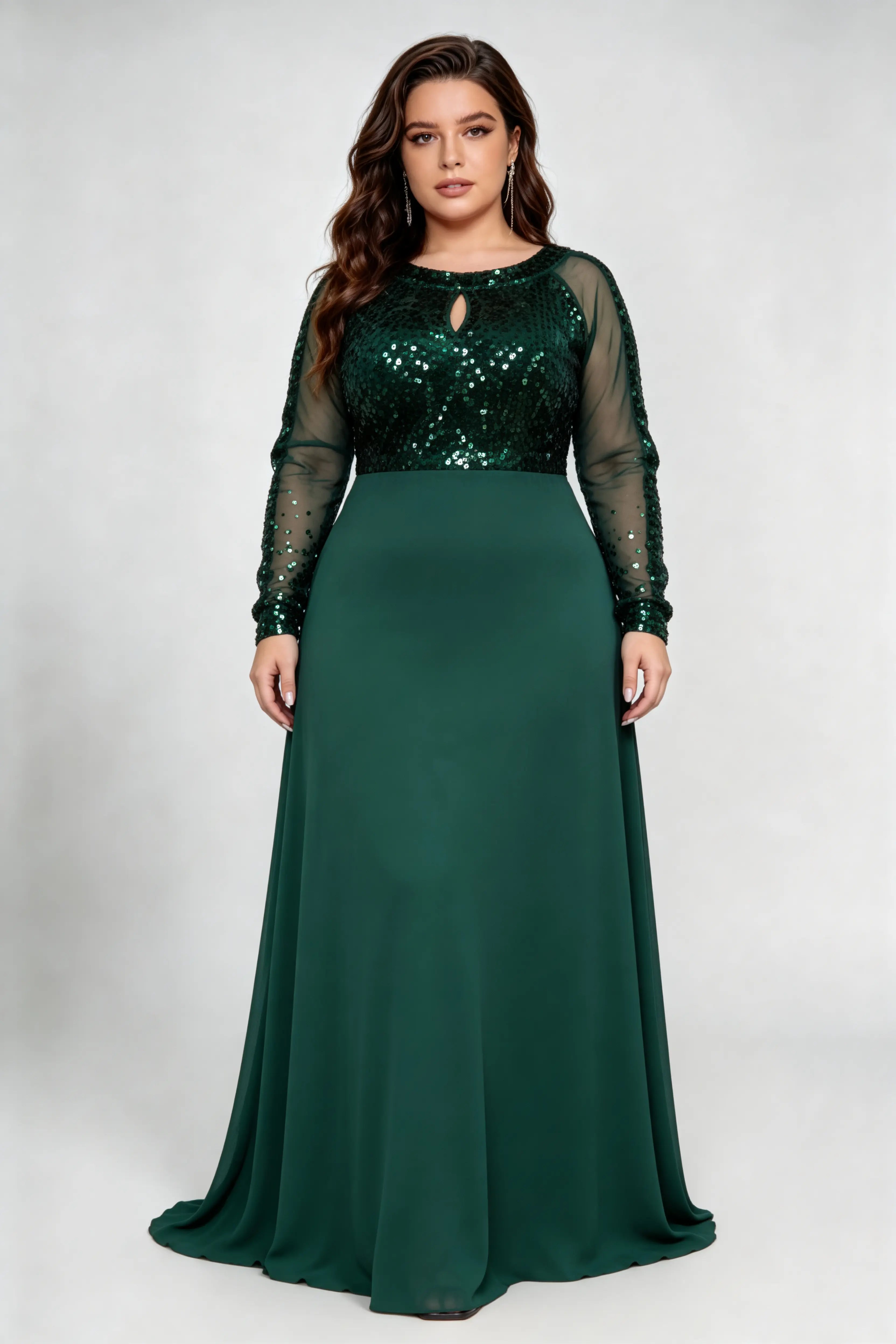 Plus Size Dark Green Sequin Mesh Sleeve A-Line Evening Gown with Keyhole Neck