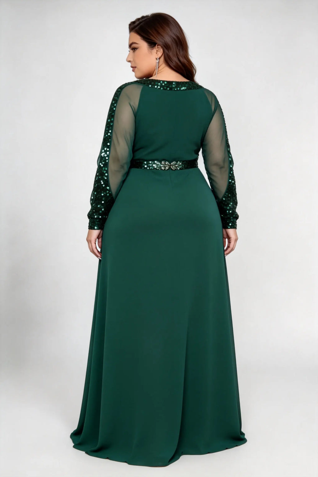 Plus Size Dark Green Sequin Mesh Sleeve A-Line Evening Gown with Keyhole Neck