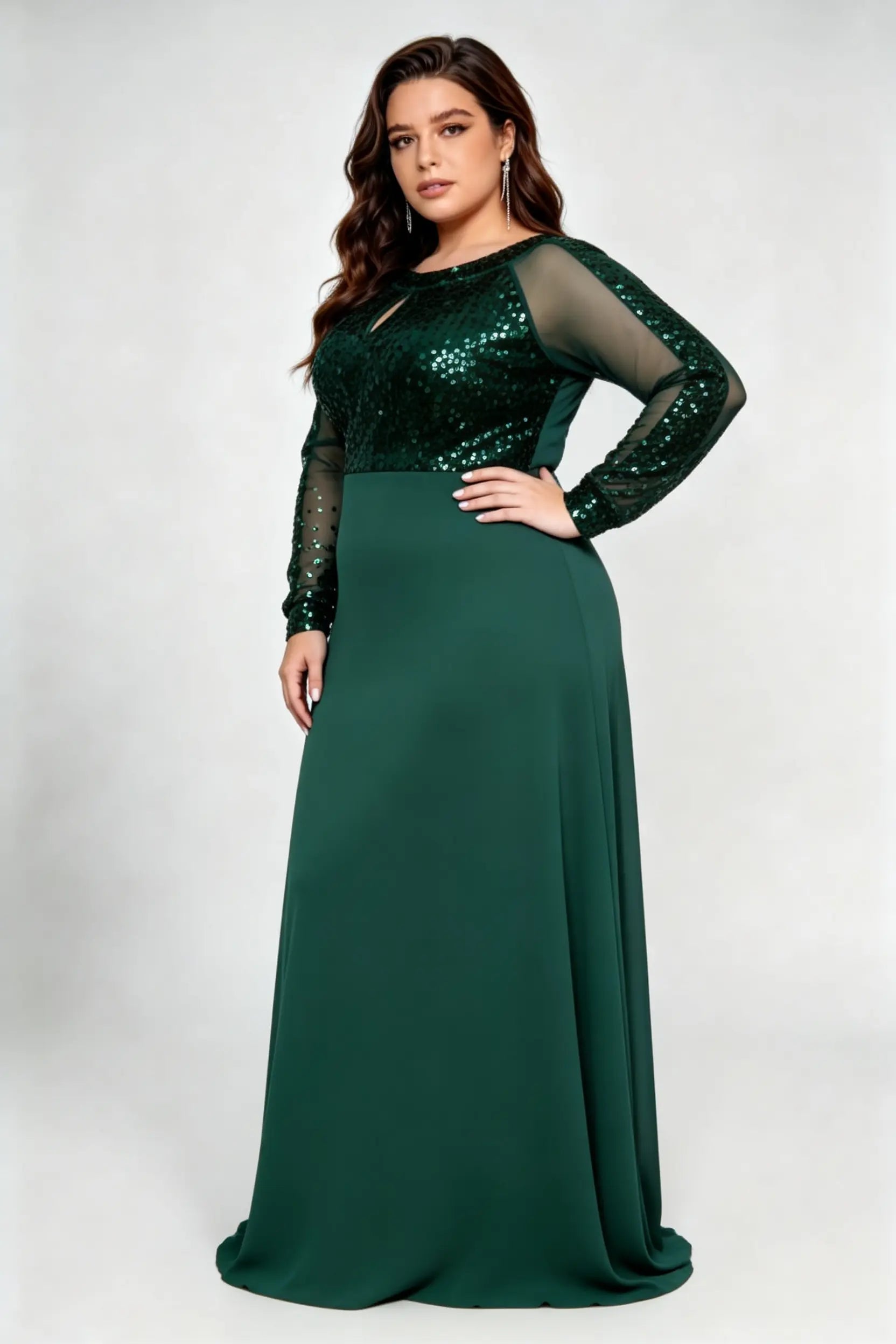 Plus Size Dark Green Sequin Mesh Sleeve A-Line Evening Gown with Keyhole Neck