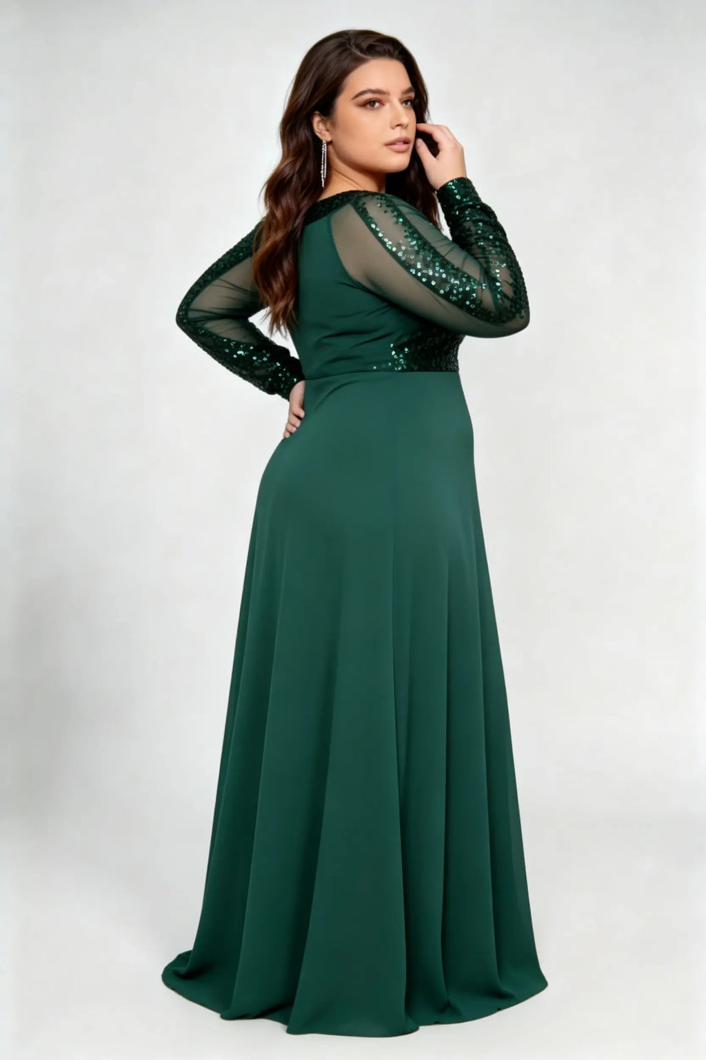 Plus Size Dark Green Sequin Mesh Sleeve A-Line Evening Gown with Keyhole Neck