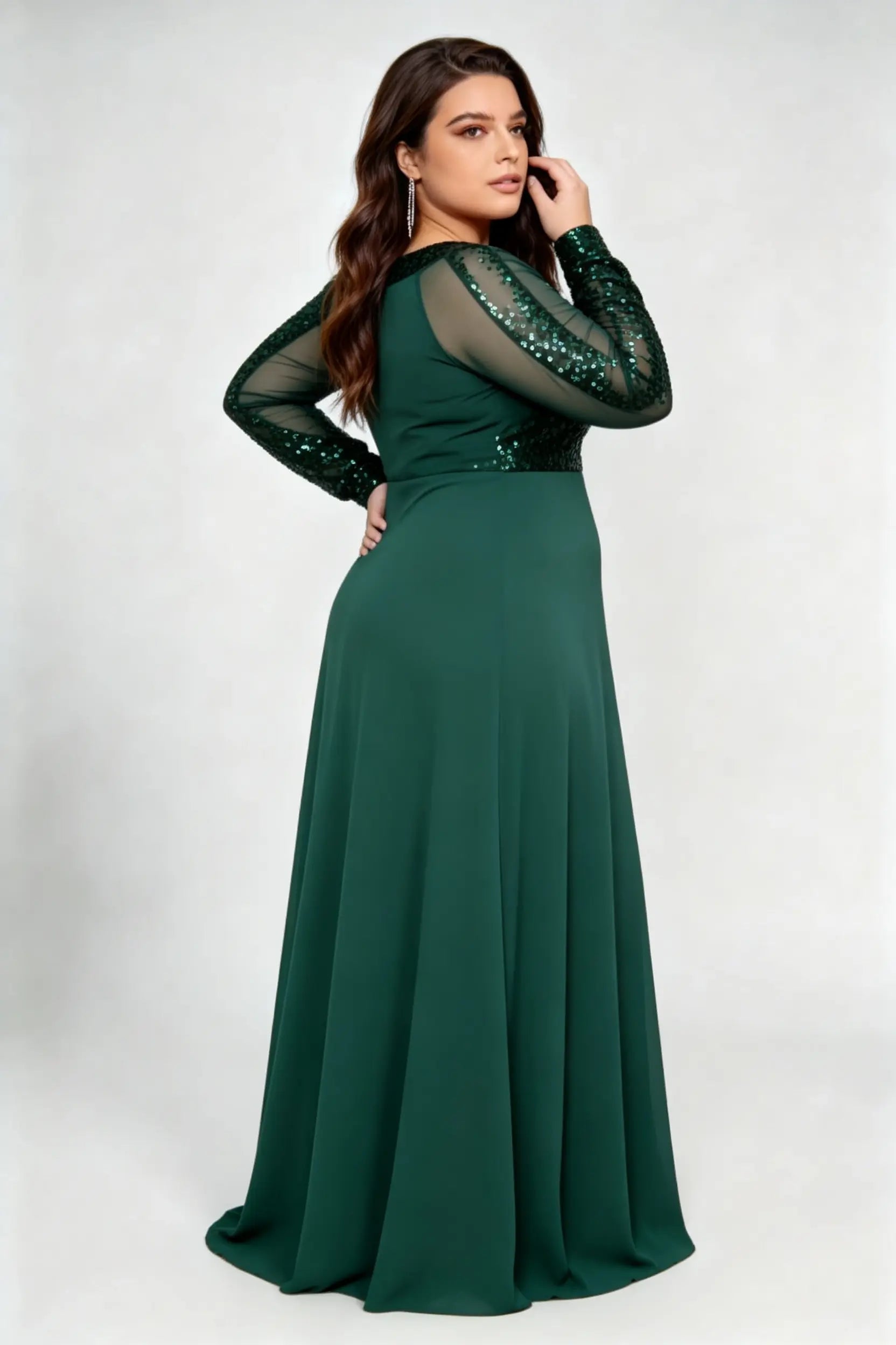 Plus Size Dark Green Sequin Mesh Sleeve A-Line Evening Gown with Keyhole Neck