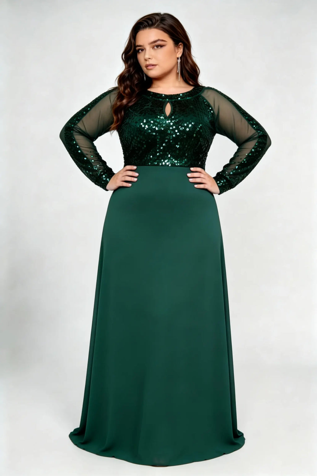 Plus Size Dark Green Sequin Mesh Sleeve A-Line Evening Gown with Keyhole Neck