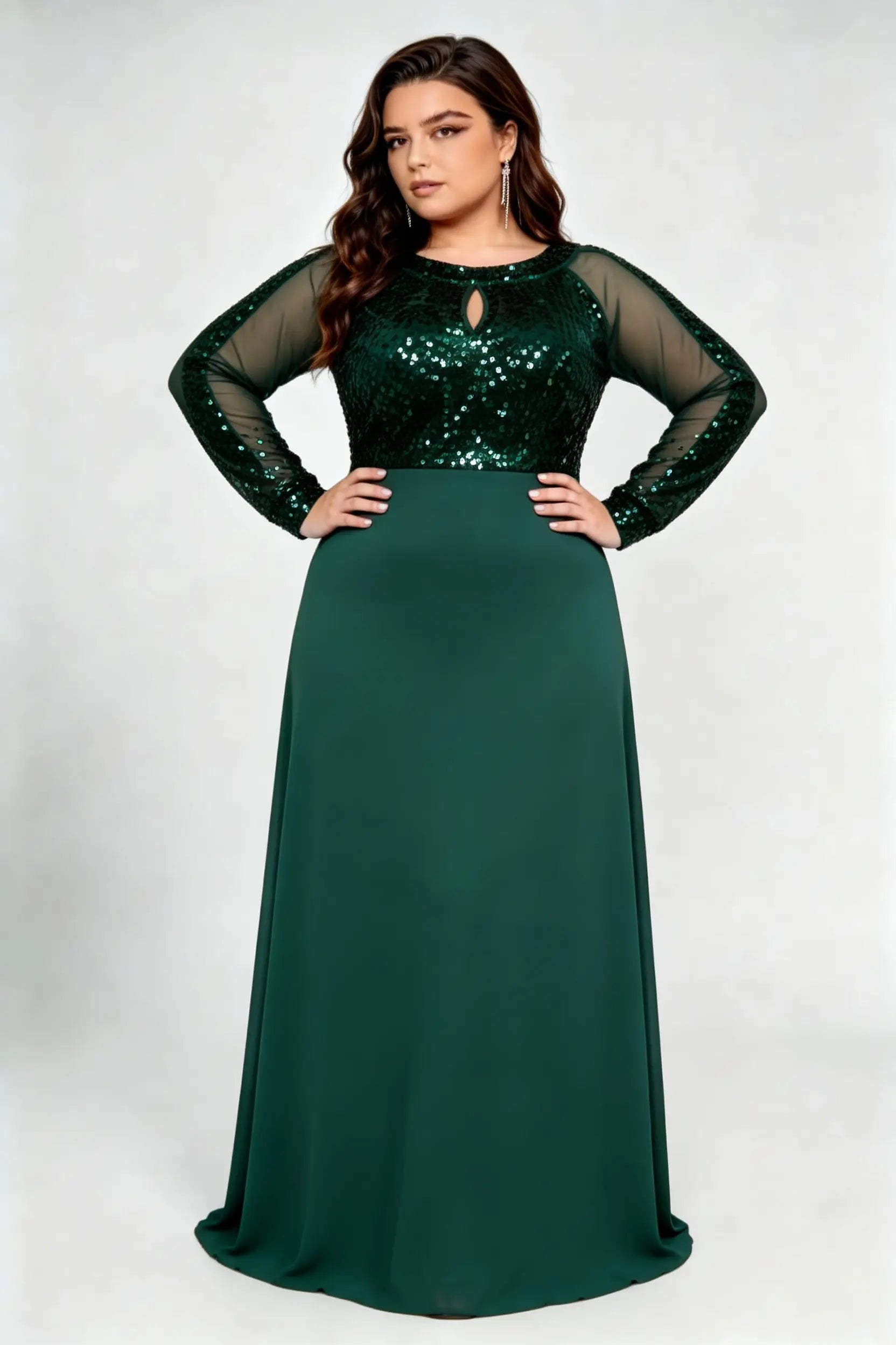 Plus Size Dark Green Sequin Mesh Sleeve A-Line Evening Gown with Keyhole Neck