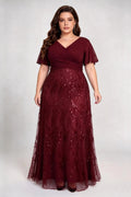 Plus Size Burgundy Chiffon Wrap V-Neck A-Line Evening Gown with Flutter Sleeves