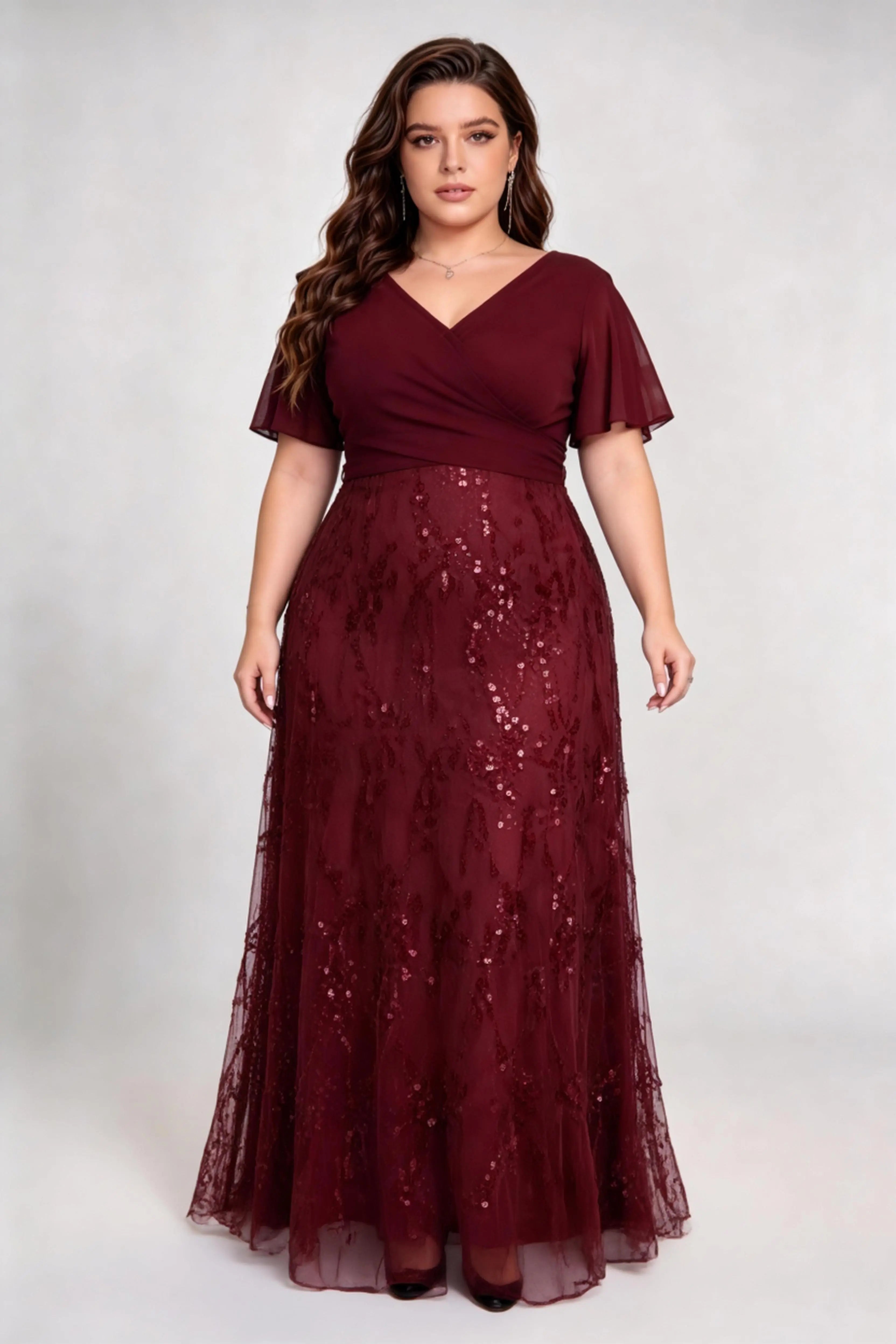 Plus Size Burgundy Chiffon Wrap V-Neck A-Line Evening Gown with Flutter Sleeves