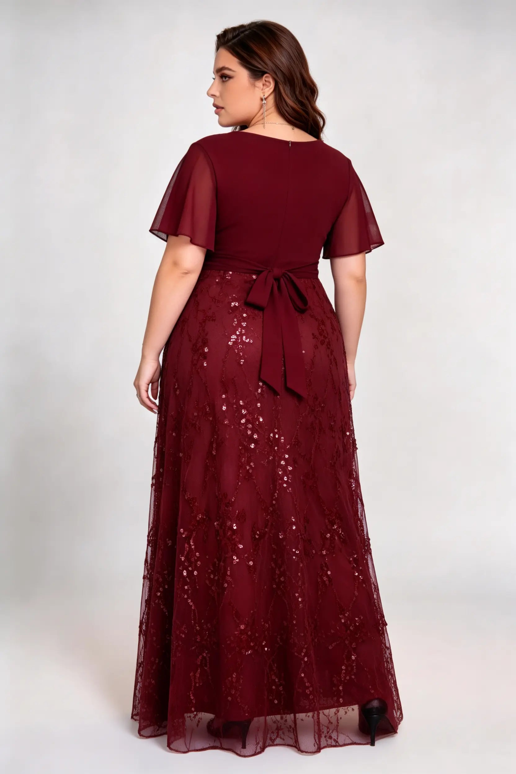 Plus Size Burgundy Chiffon Wrap V-Neck A-Line Evening Gown with Flutter Sleeves