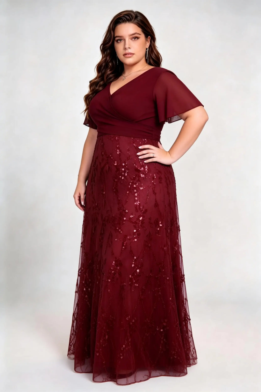 Plus Size Burgundy Chiffon Wrap V-Neck A-Line Evening Gown with Flutter Sleeves