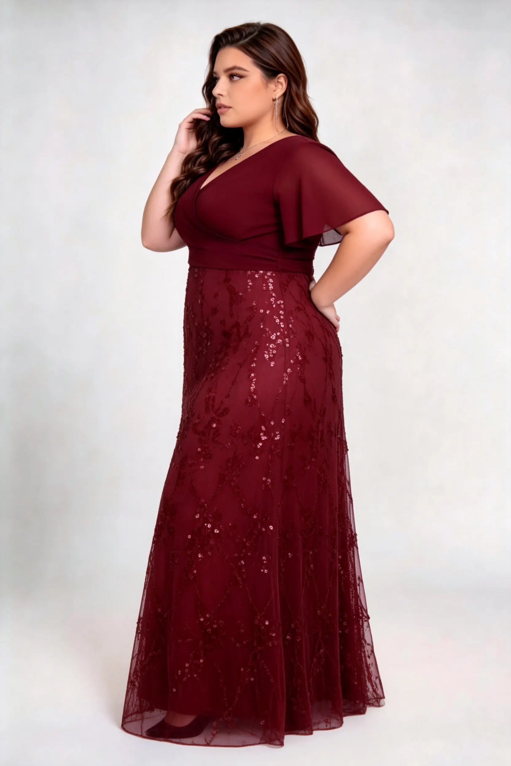 Plus Size Burgundy Chiffon Wrap V-Neck A-Line Evening Gown with Flutter Sleeves