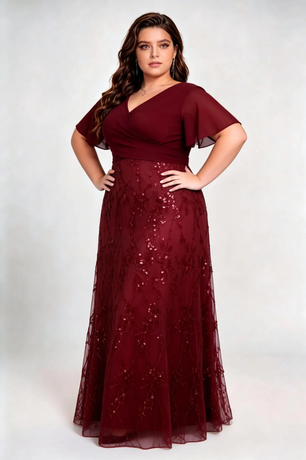 Plus Size Burgundy Chiffon Wrap V-Neck A-Line Evening Gown with Flutter Sleeves