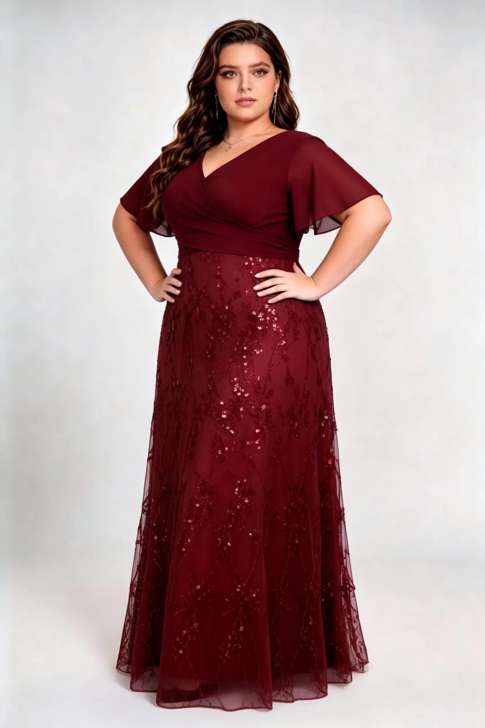 Plus Size Burgundy Chiffon Wrap V-Neck A-Line Evening Gown with Flutter Sleeves