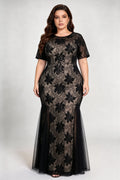 Plus Size Black Floral Lace Mermaid Evening Gown with Short Sleeves