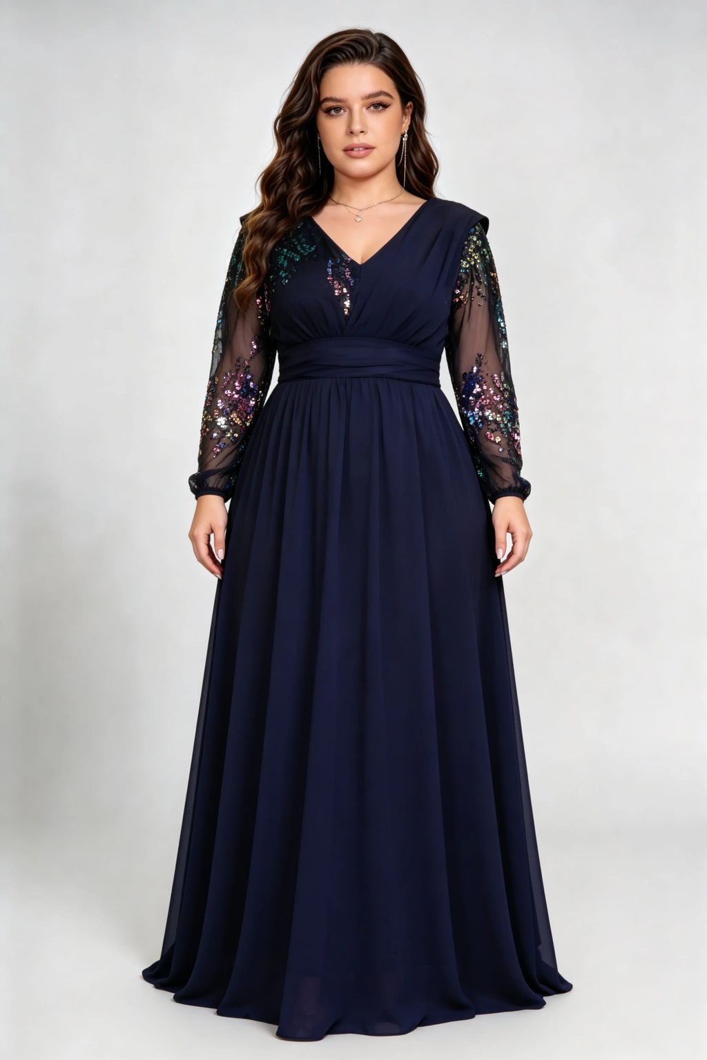 Plus Size Navy Blue Chiffon V-Neck A-Line Evening Gown with Multicolor Sequin Sheer Sleeves