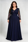 Plus Size Navy Blue Chiffon V-Neck A-Line Evening Gown with Multicolor Sequin Sheer Sleeves