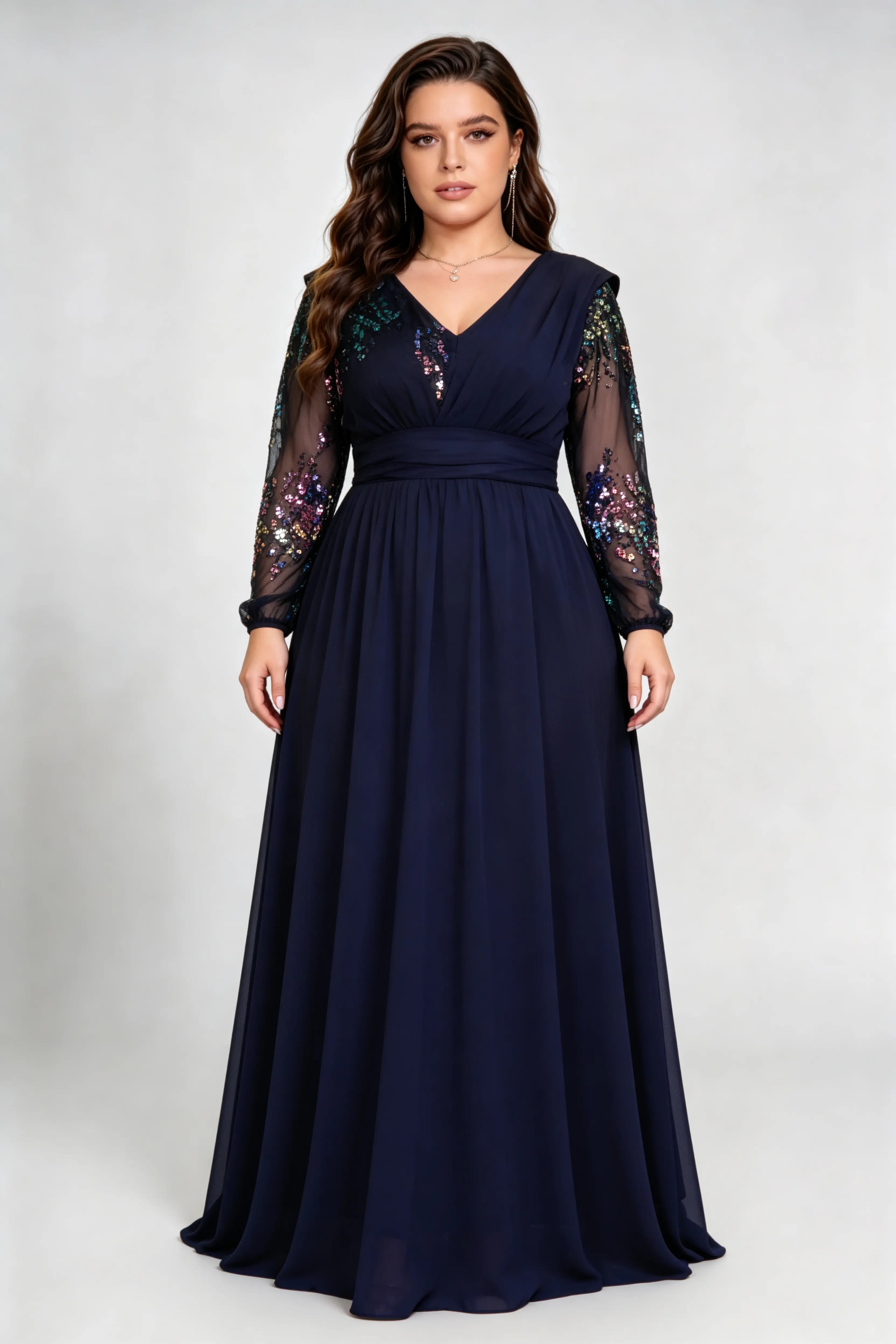 Plus Size Navy Blue Chiffon V-Neck A-Line Evening Gown with Multicolor Sequin Sheer Sleeves