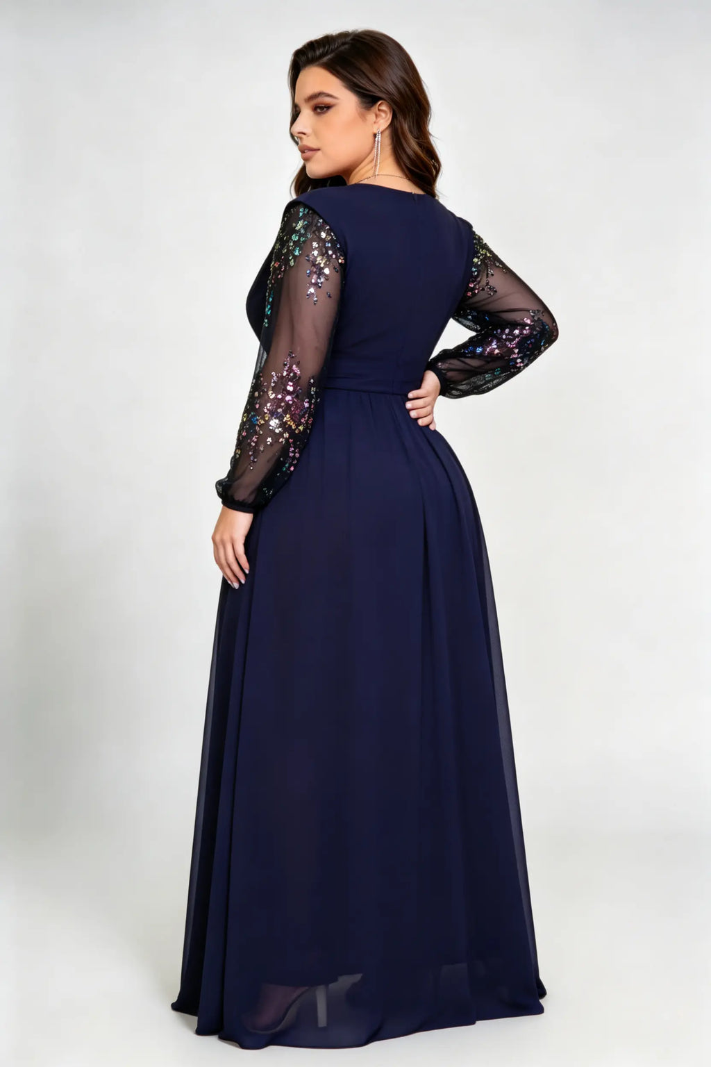 Plus Size Navy Blue Chiffon V-Neck A-Line Evening Gown with Multicolor Sequin Sheer Sleeves