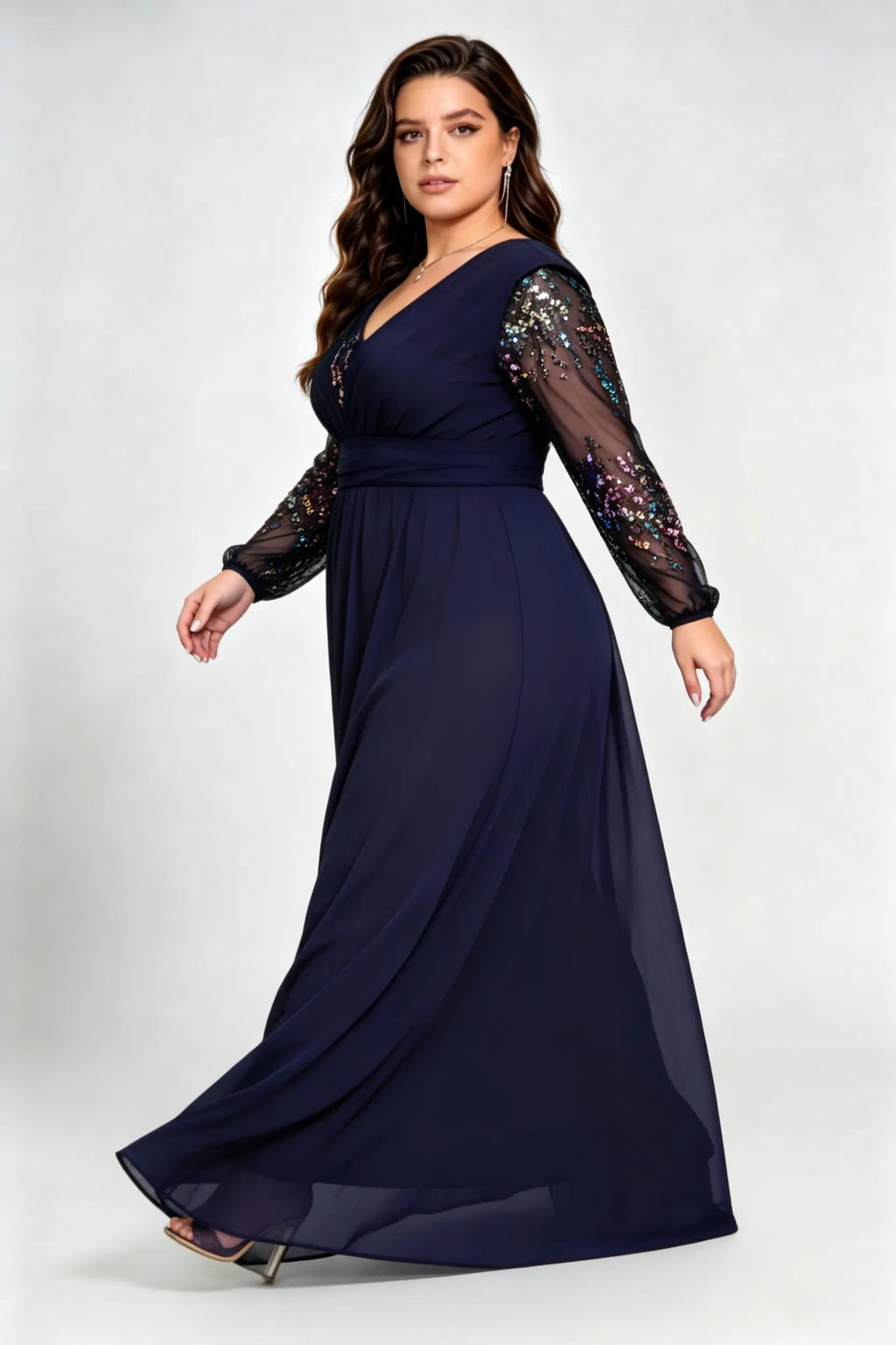 Plus Size Navy Blue Chiffon V-Neck A-Line Evening Gown with Multicolor Sequin Sheer Sleeves