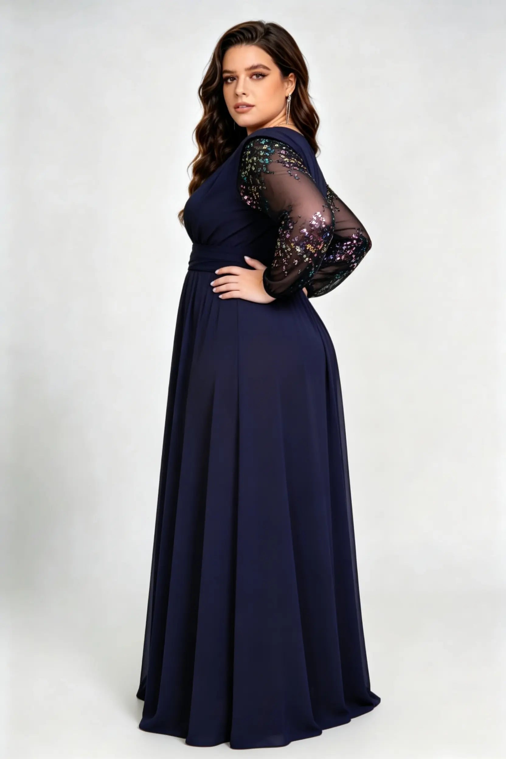 Plus Size Navy Blue Chiffon V-Neck A-Line Evening Gown with Multicolor Sequin Sheer Sleeves