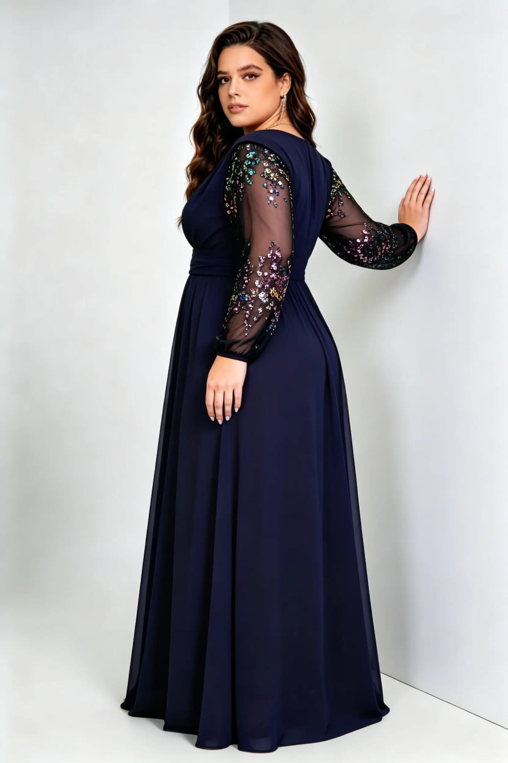 Plus Size Navy Blue Chiffon V-Neck A-Line Evening Gown with Multicolor Sequin Sheer Sleeves