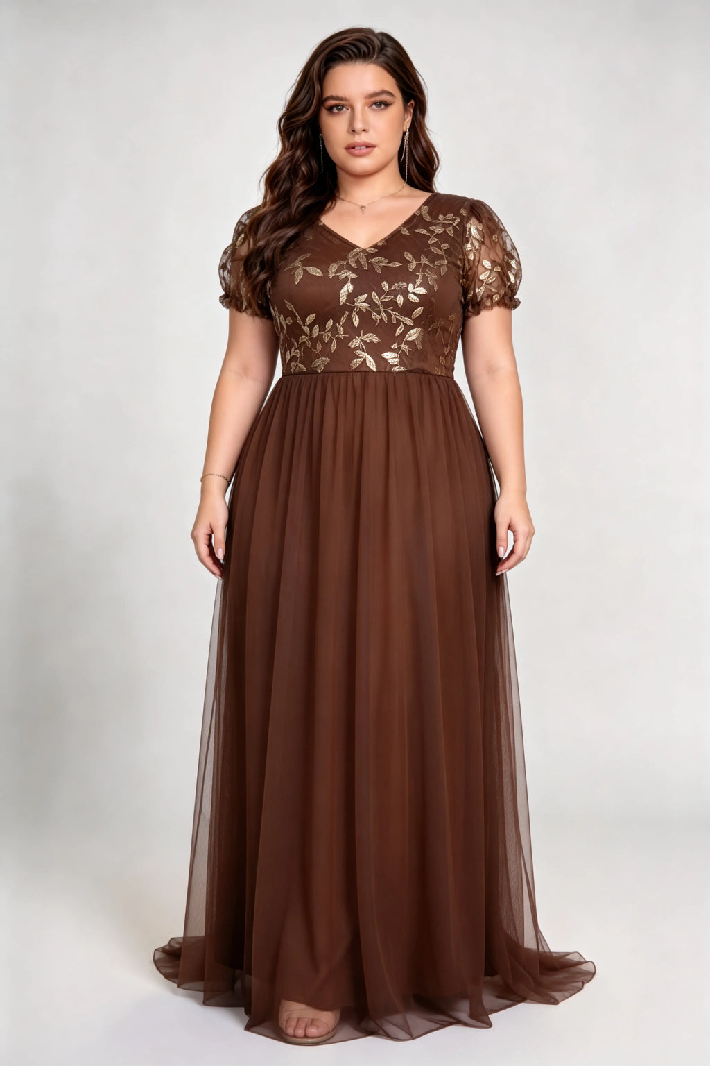 Plus Size Dark Brown Tulle A-Line Evening Gown with Gold Sequin Floral Bodice & Puff Sleeves