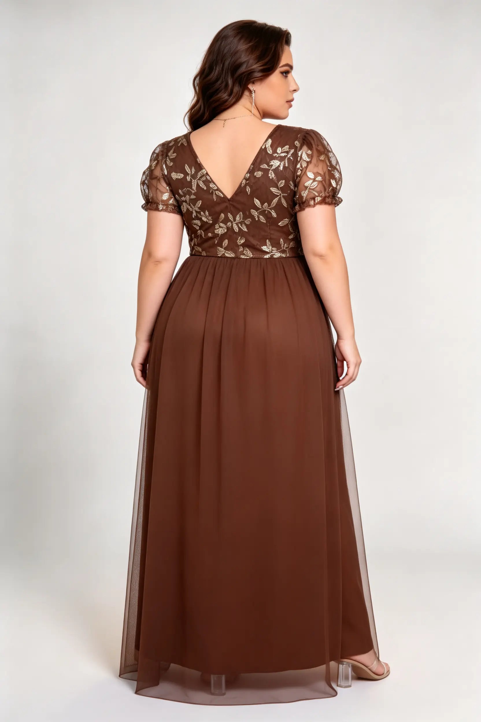 Plus Size Dark Brown Tulle A-Line Evening Gown with Gold Sequin Floral Bodice & Puff Sleeves