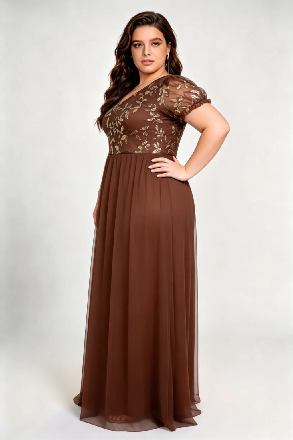 Plus Size Dark Brown Tulle A-Line Evening Gown with Gold Sequin Floral Bodice & Puff Sleeves