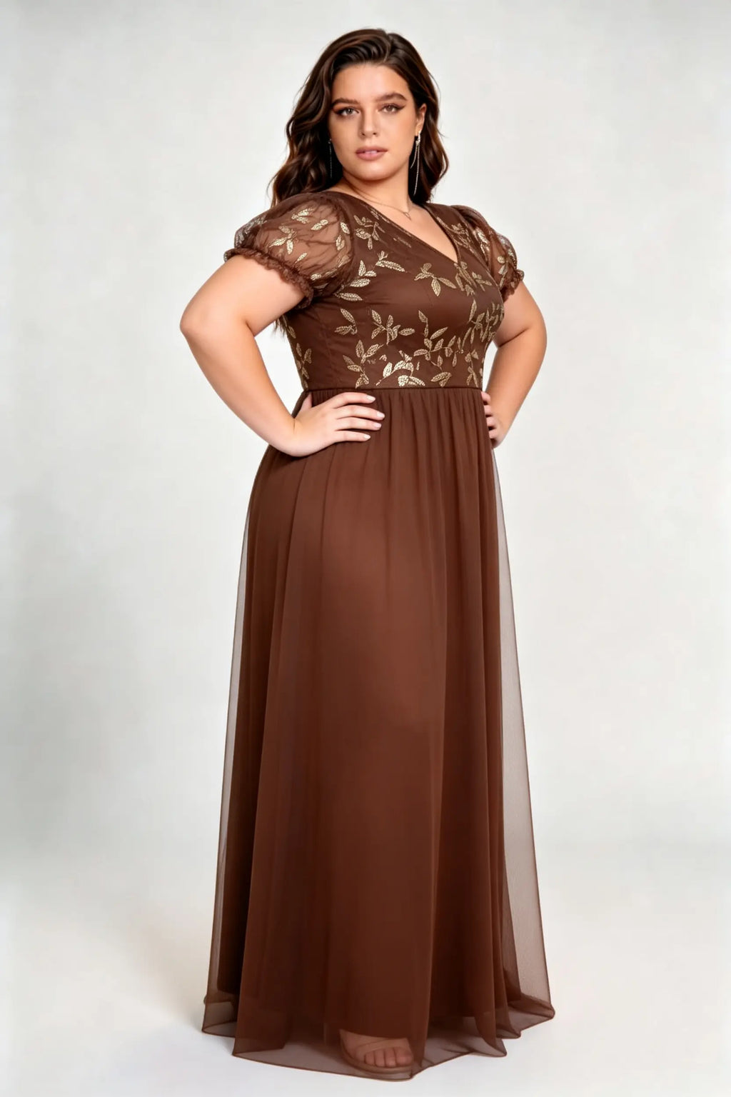 Plus Size Dark Brown Tulle A-Line Evening Gown with Gold Sequin Floral Bodice & Puff Sleeves