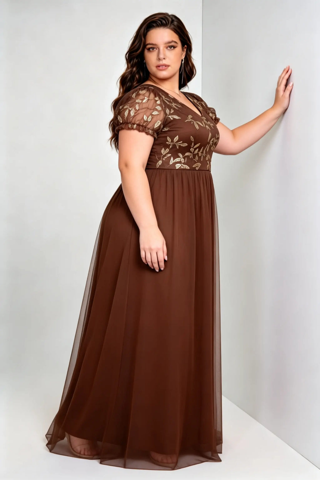 Plus Size Dark Brown Tulle A-Line Evening Gown with Gold Sequin Floral Bodice & Puff Sleeves
