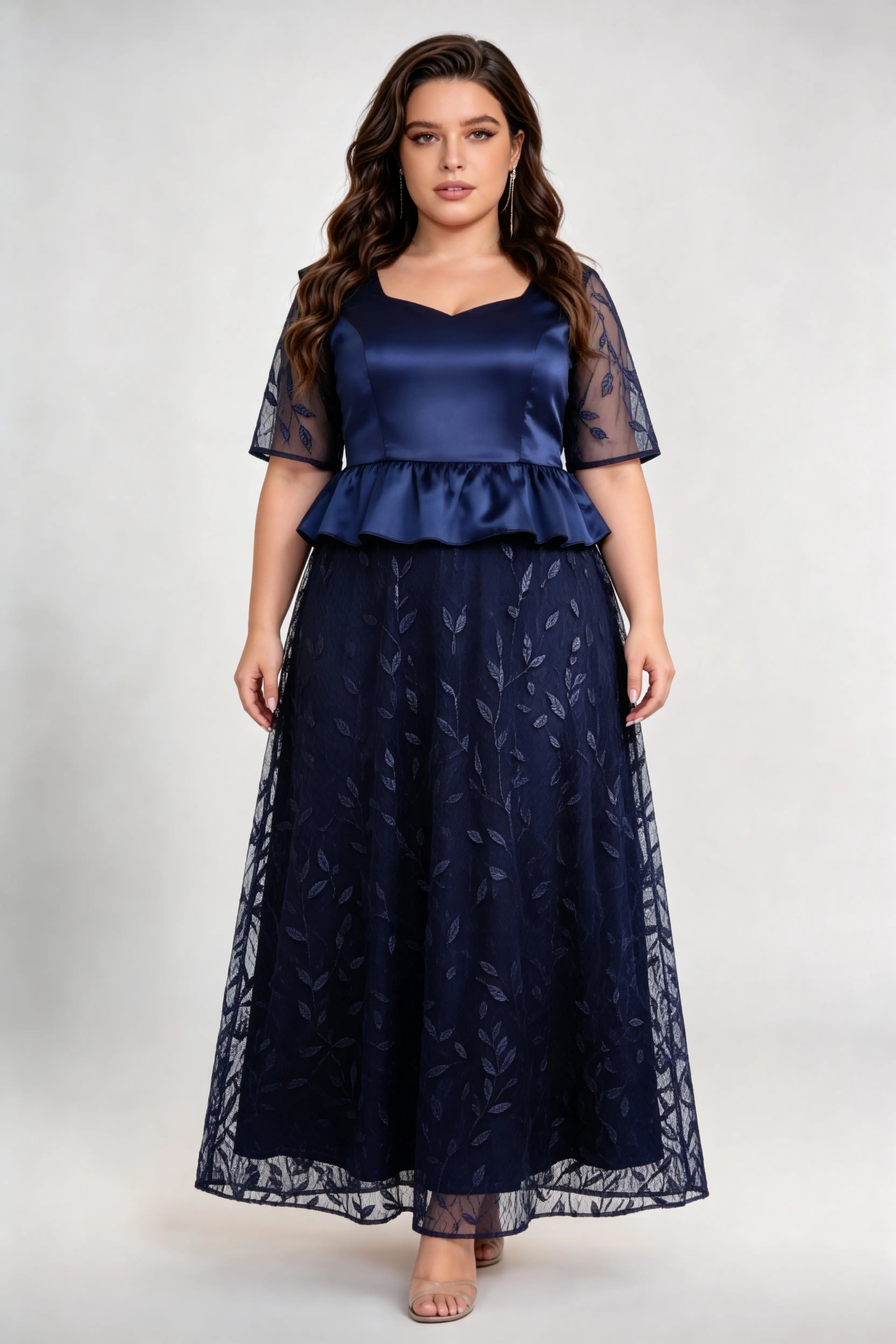 Plus Size Navy Blue Peplum Evening Gown with Satin Bodice & Embroidered Mesh Skirt