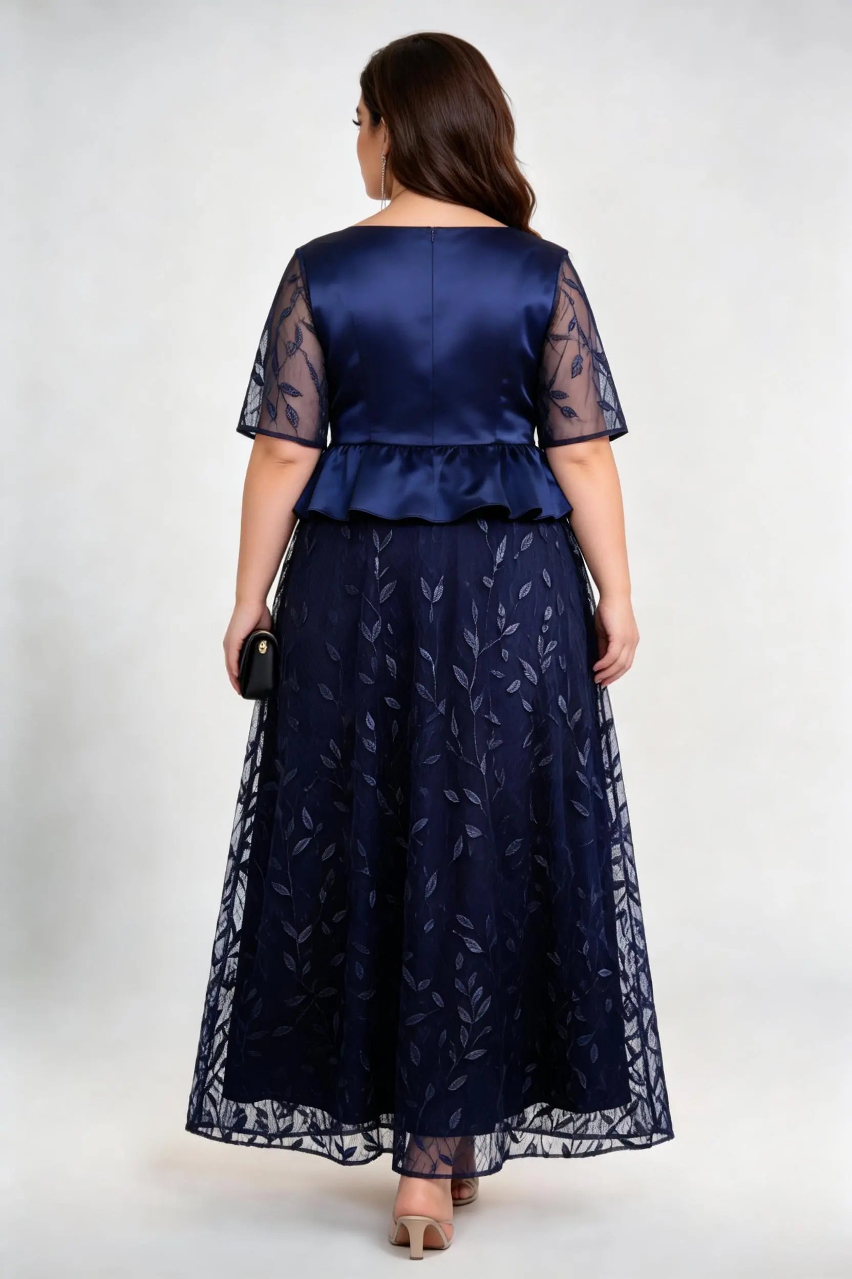Plus Size Navy Blue Peplum Evening Gown with Satin Bodice & Embroidered Mesh Skirt