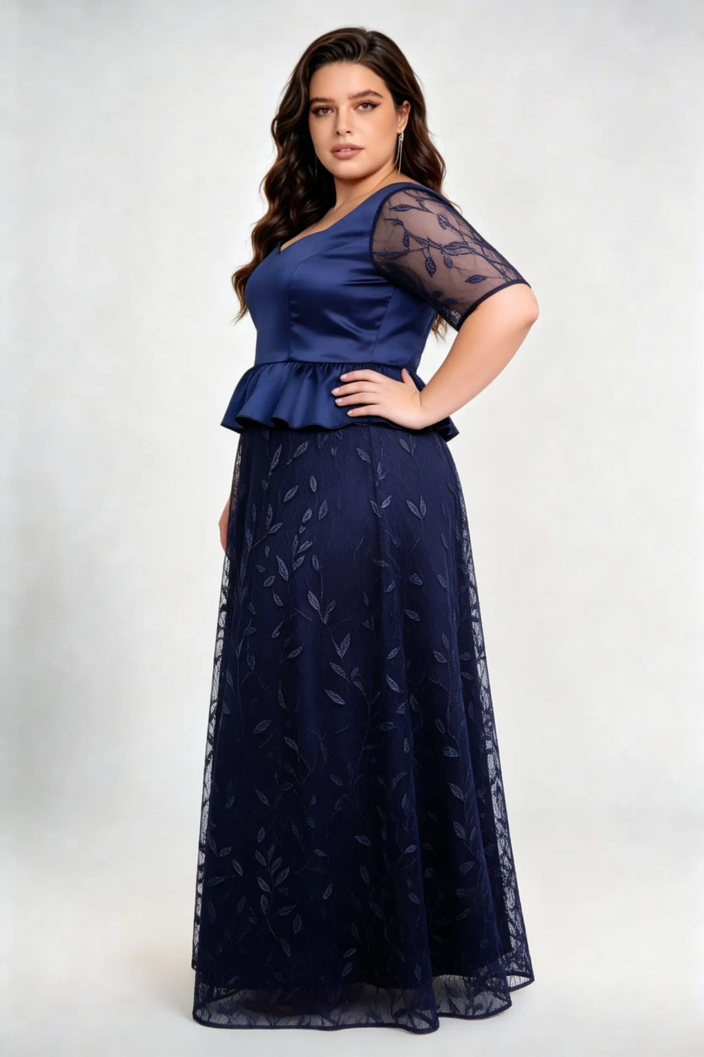 Plus Size Navy Blue Peplum Evening Gown with Satin Bodice & Embroidered Mesh Skirt