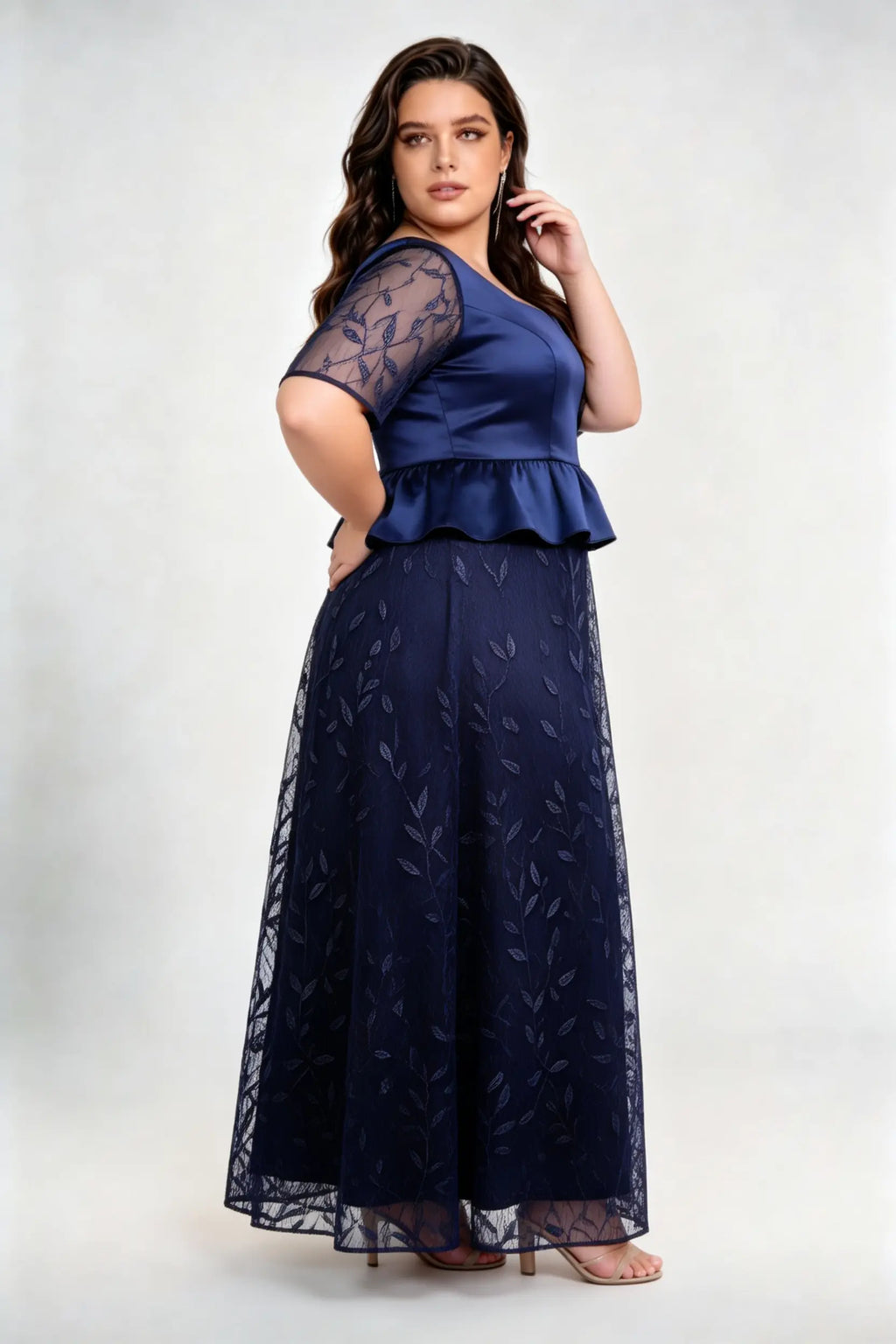 Plus Size Navy Blue Peplum Evening Gown with Satin Bodice & Embroidered Mesh Skirt