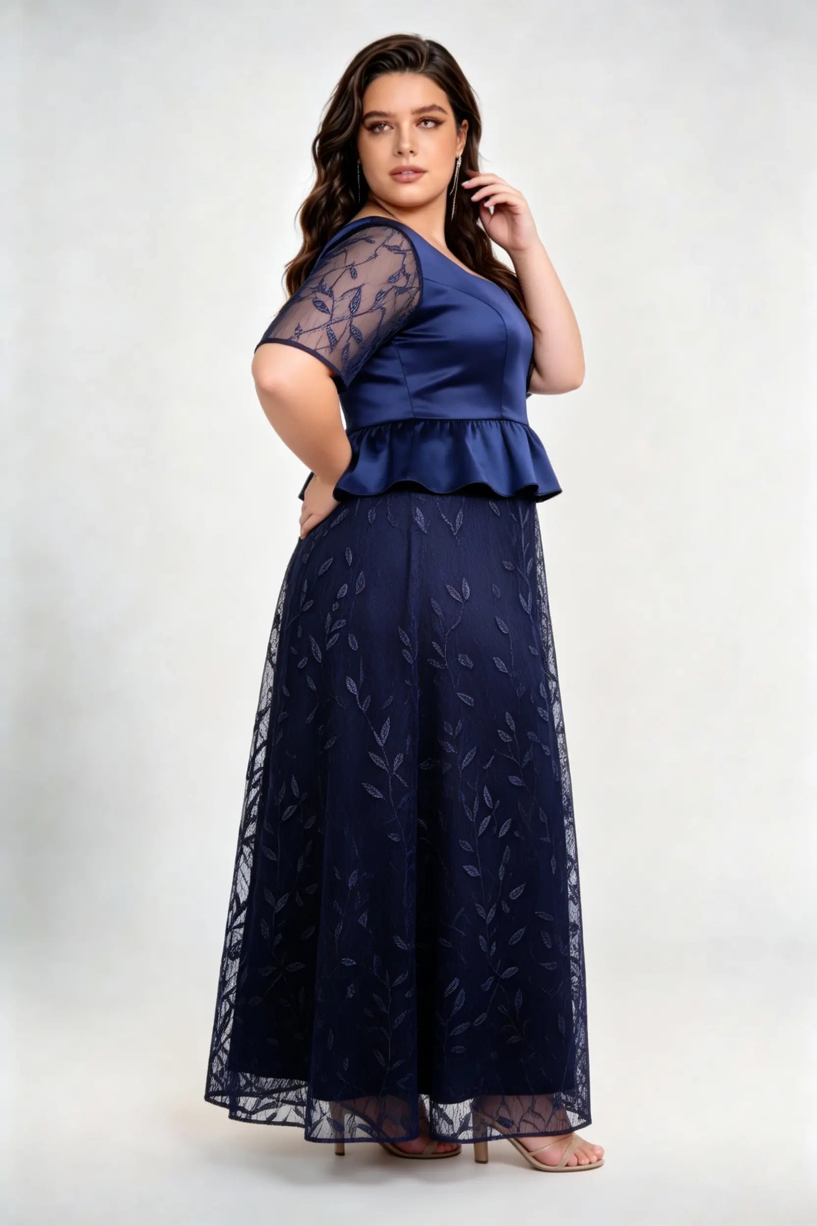 Plus Size Navy Blue Peplum Evening Gown with Satin Bodice & Embroidered Mesh Skirt