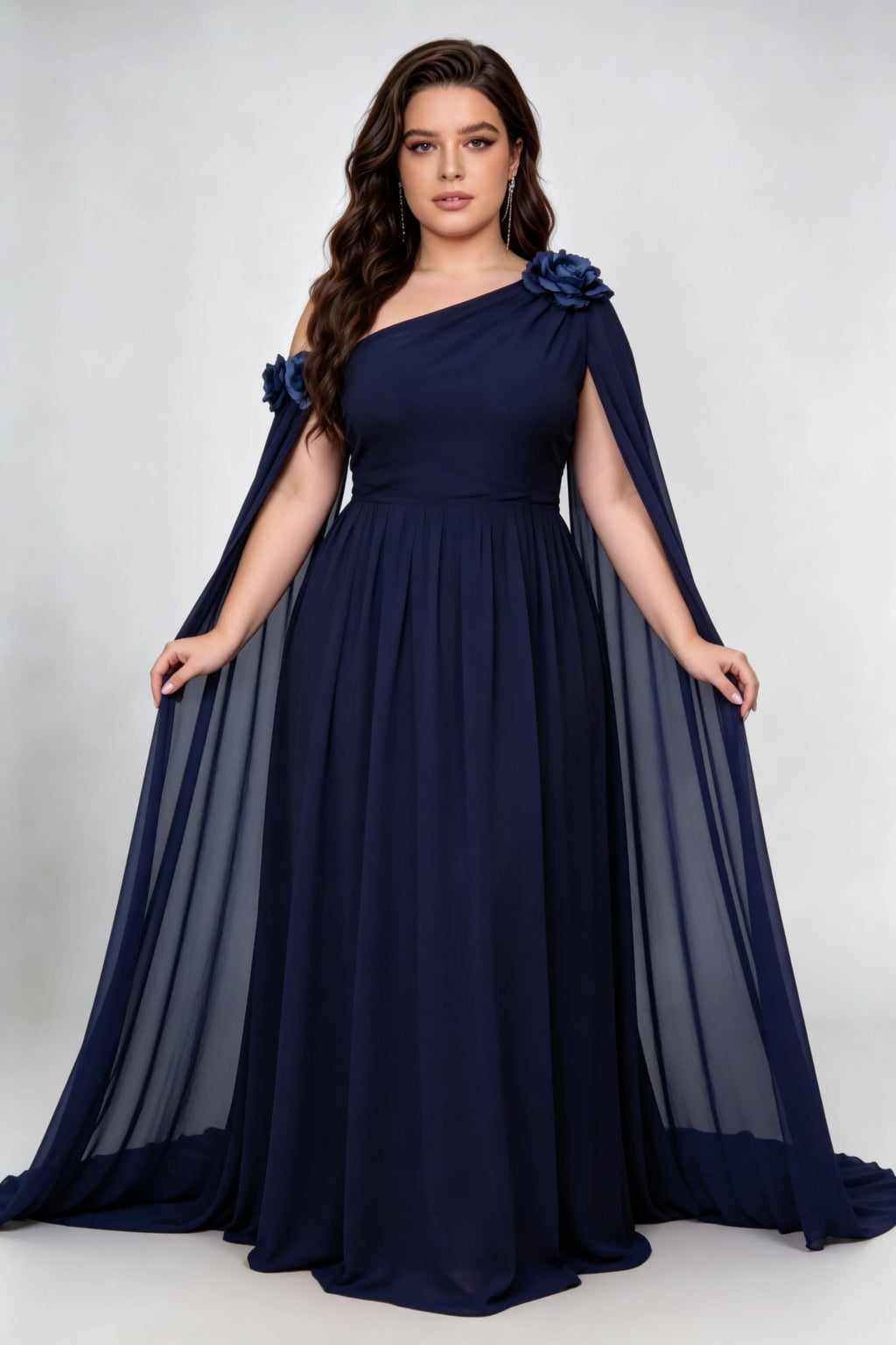 Plus Size Navy Blue One-Shoulder Chiffon Evening Gown with Cape Sleeves & 3D Floral Accents