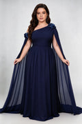 Plus Size Navy Blue One-Shoulder Chiffon Evening Gown with Cape Sleeves & 3D Floral Accents