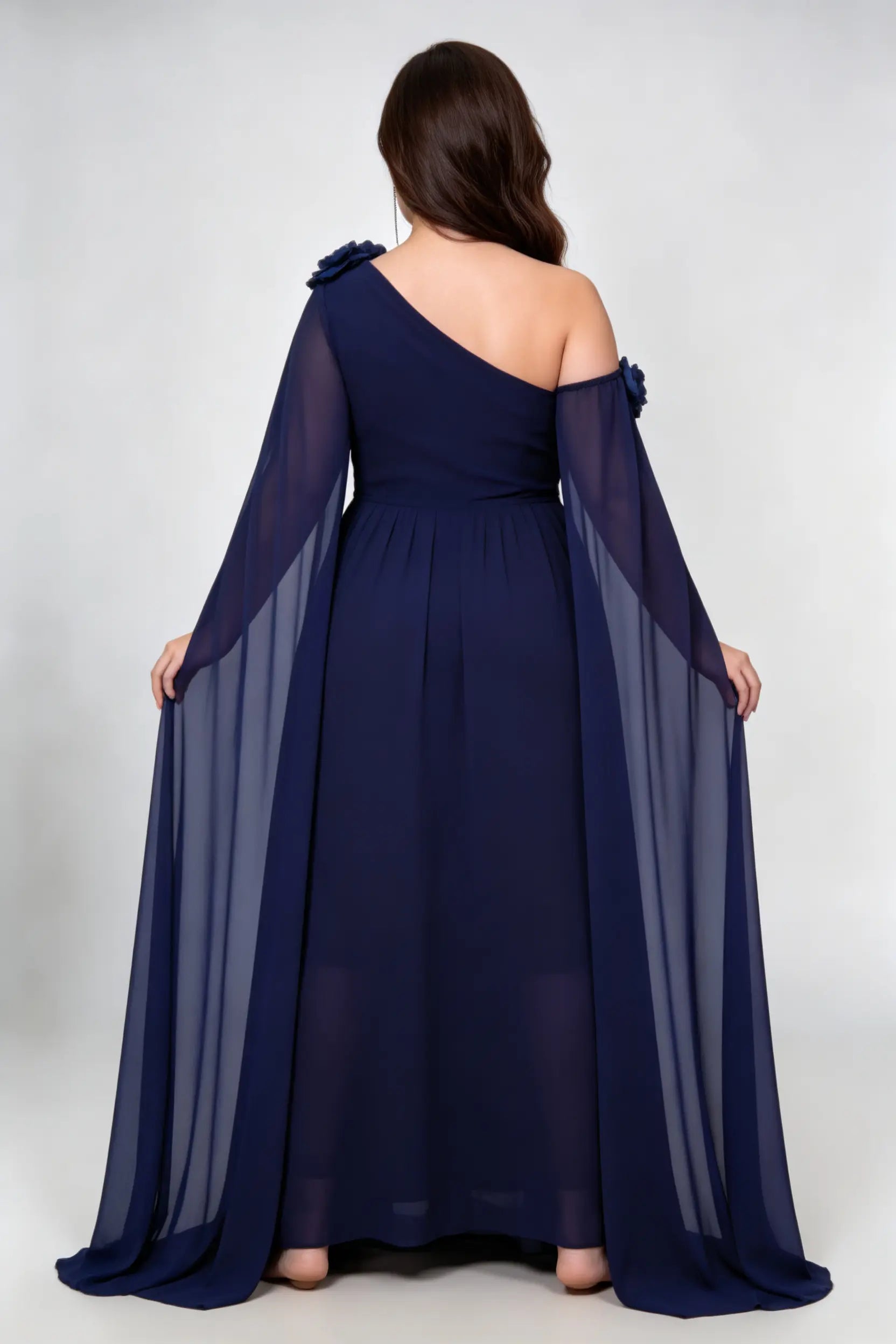Plus Size Navy Blue One-Shoulder Chiffon Evening Gown with Cape Sleeves & 3D Floral Accents
